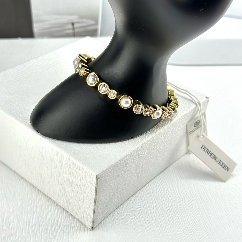 White Pearl Clear Crystal Tennis Bracelet, Clear Crystal Pearl Gold Plated